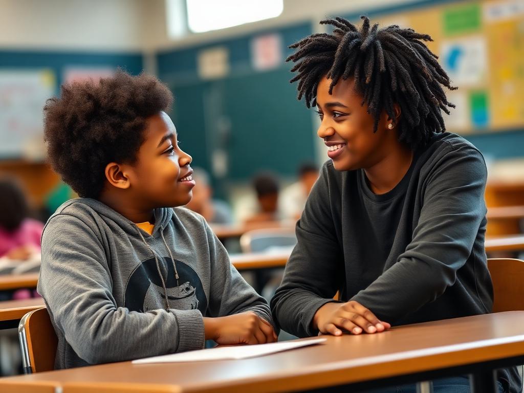A student mentor talking with a younger student